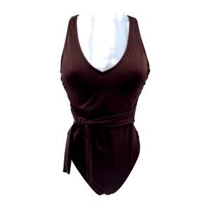 Shade And Shore Swimsuit One Piece Women Small New Size 4-6 Brown Belt V Neck